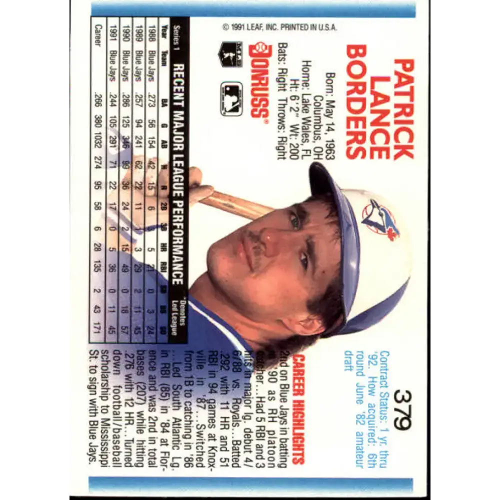 1992 Donruss #379 Pat Borders NM-MT Toronto Blue Jays Baseball Card - Baseball Card Single