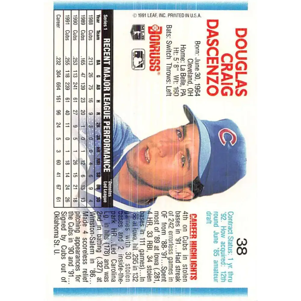 1992 Donruss #38 Doug Dascenzo NM-MT Chicago Cubs Baseball Card - Baseball Card Single