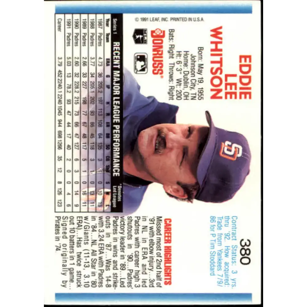 1992 Donruss #380 Ed Whitson NM-MT San Diego Padres Baseball Card - Baseball Card Single