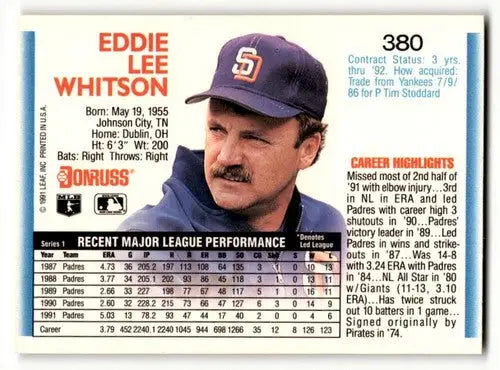 Eddie Lee Whitson San Diego Padres baseball card from 1992 Donruss series