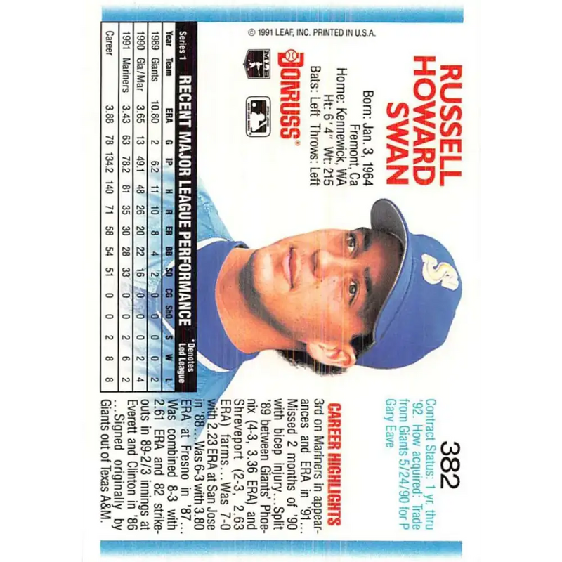 1992 Donruss #382 Russ Swan NM-MT Seattle Mariners Baseball Card - Baseball Card Single