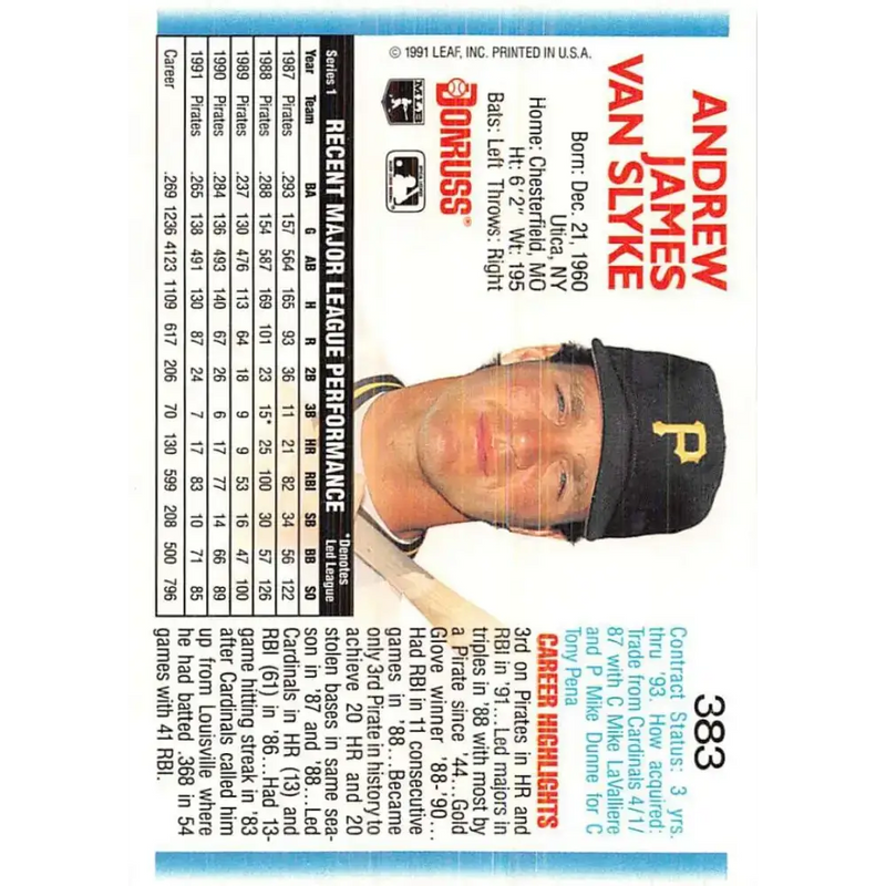 1992 Donruss #383 Andy Van Slyke NM-MT Pittsburgh Pirates Baseball Card - Baseball Card Single