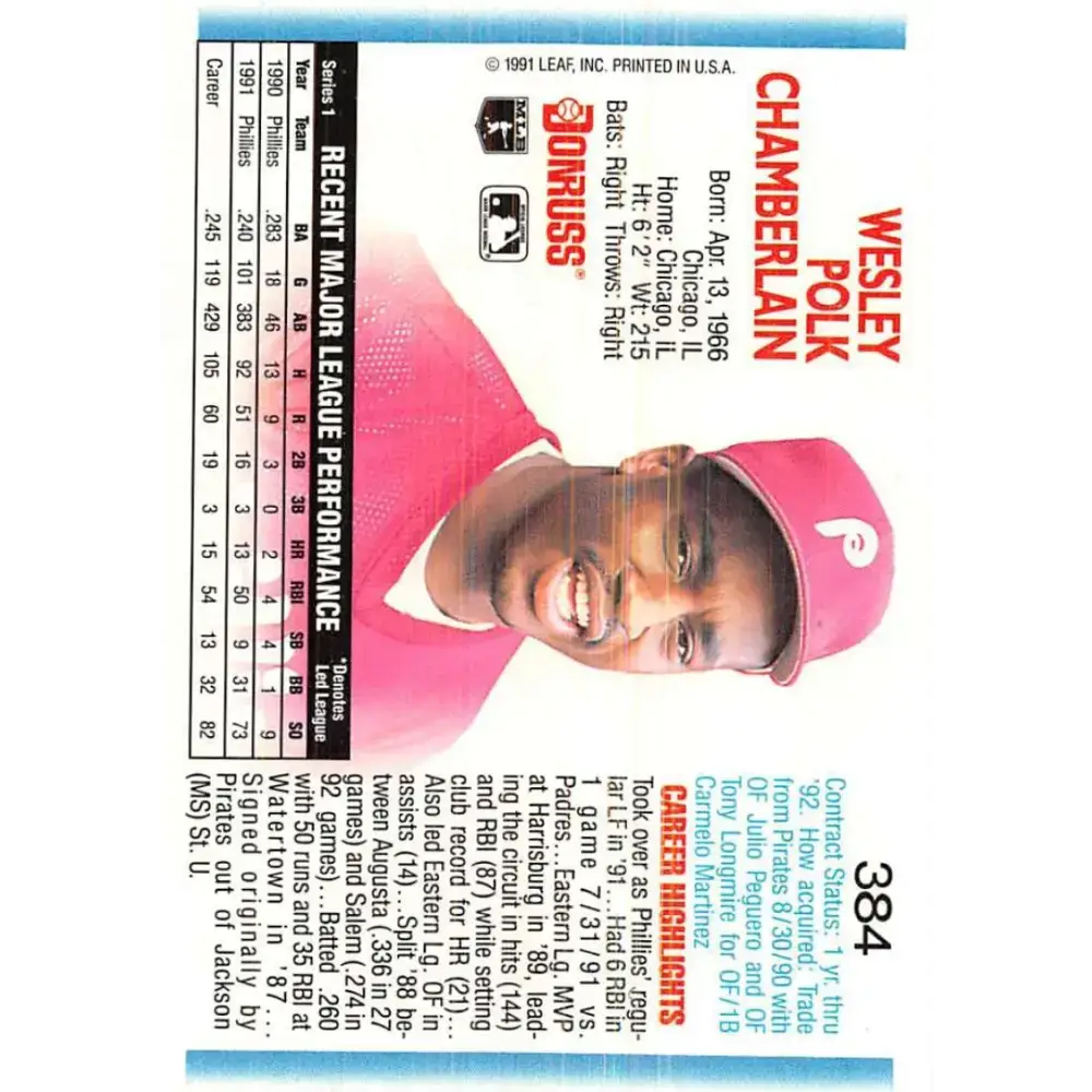 1992 Donruss #384 Wes Chamberlain NM-MT Philadelphia Phillies Baseball Card - Baseball Card Single