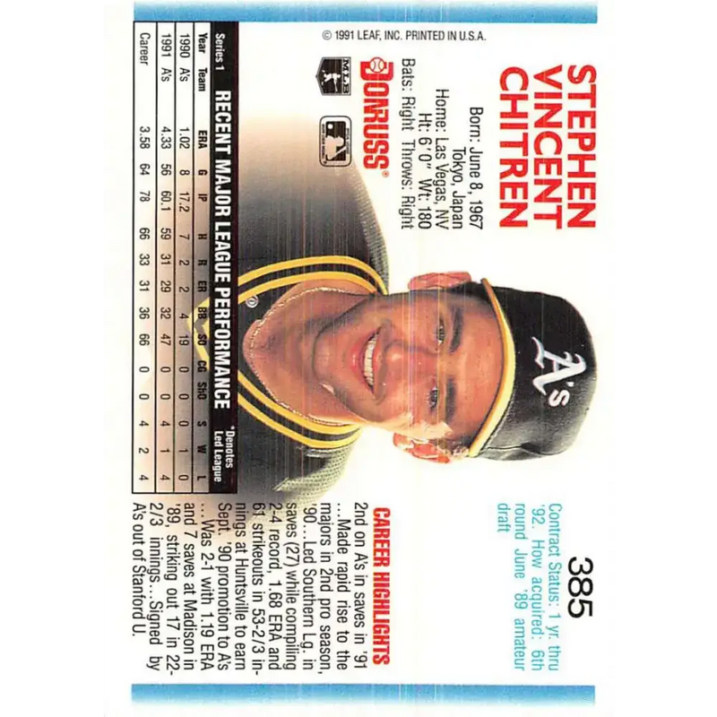 1992 Donruss #385 Steve Chitren NM-MT Oakland Athletics Baseball Card - Baseball Card Single