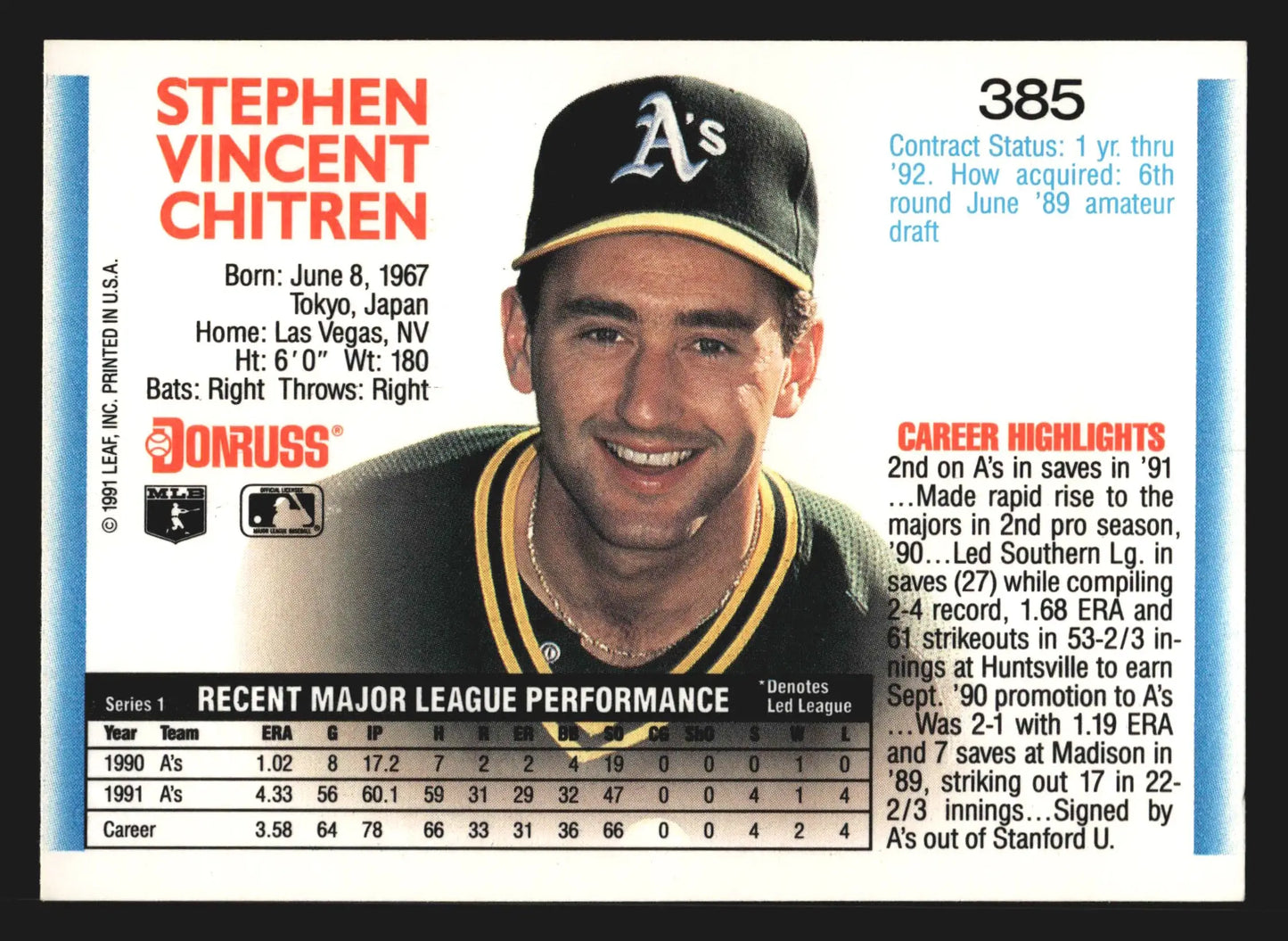 1992 Donruss #385 Steve Chitren Oakland Athletics - Baseball Card Single