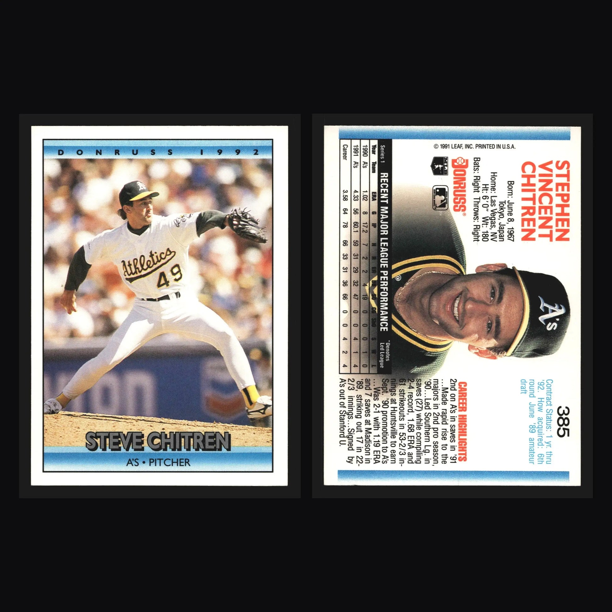 1992 Donruss #385 Steve Chitren Oakland Athletics - Baseball Card Single