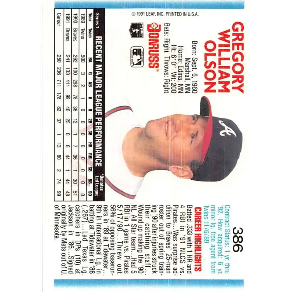 1992 Donruss #386 Greg Olson NM-MT Atlanta Braves Baseball Card - Baseball Card Single