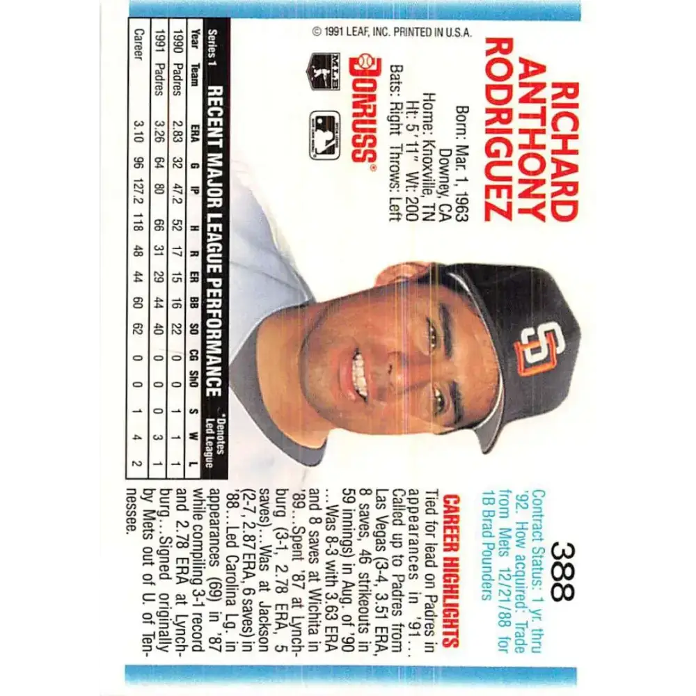 1992 Donruss #388 Rich Rodriguez NM-MT San Diego Padres Baseball Card - Baseball Card Single