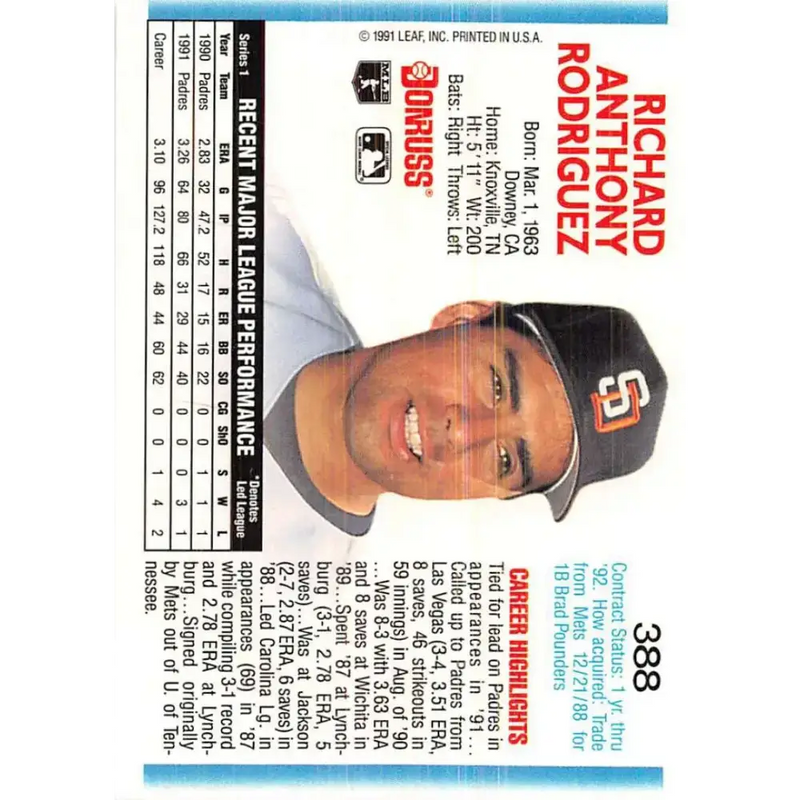 1992 Donruss #388 Rich Rodriguez NM-MT San Diego Padres Baseball Card - Baseball Card Single