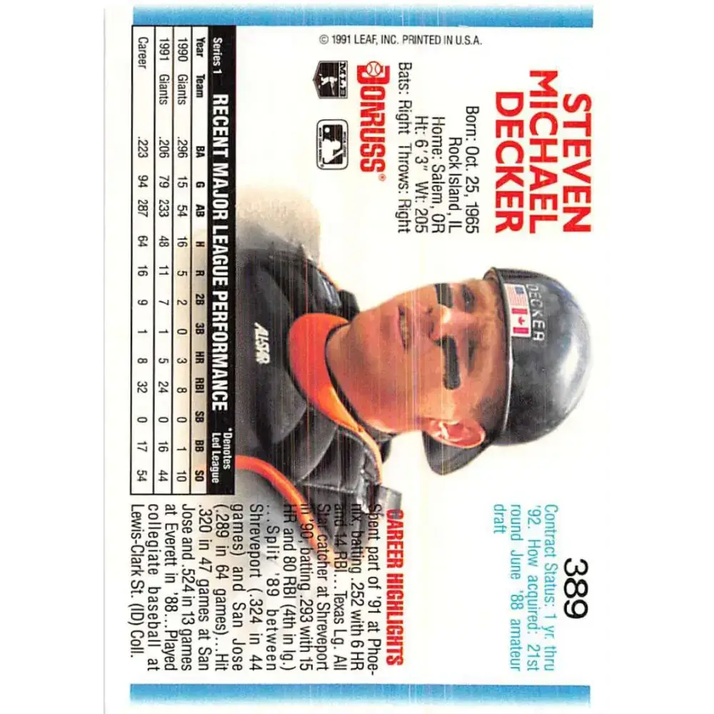 1992 Donruss #389 Steve Decker NM-MT San Francisco Giants Baseball Card - Baseball Card Single