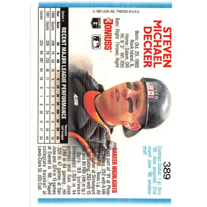 1992 Donruss #389 Steve Decker NM-MT San Francisco Giants Baseball Card - Baseball Card Single
