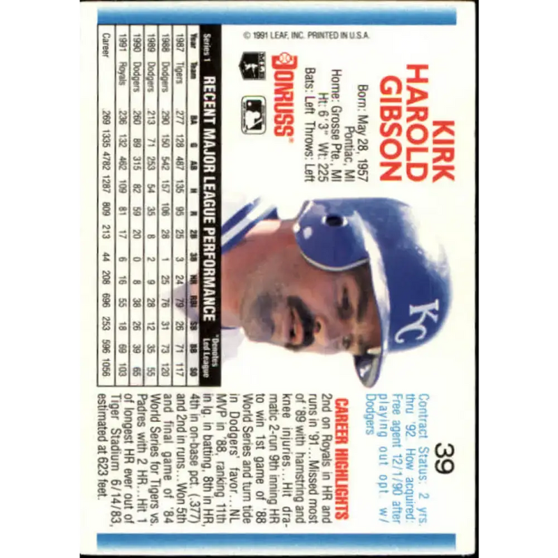 1992 Donruss #39 Kirk Gibson NM-MT Kansas City Royals Baseball Card - Baseball Card Single