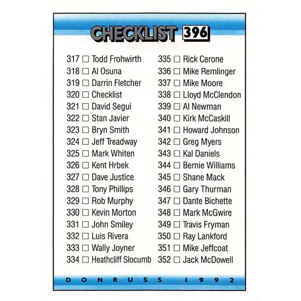 1992 Donruss #396 Checklist 317-396 NM-MT Checklist Baseball Card - Baseball Card Single