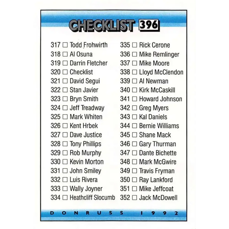 1992 Donruss #396 Checklist 317-396 NM-MT Checklist Baseball Card - Baseball Card Single