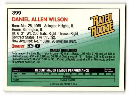 Front of 1992 Donruss #399 Dan Wilson Cincinnati Reds baseball card back showing original gloss
