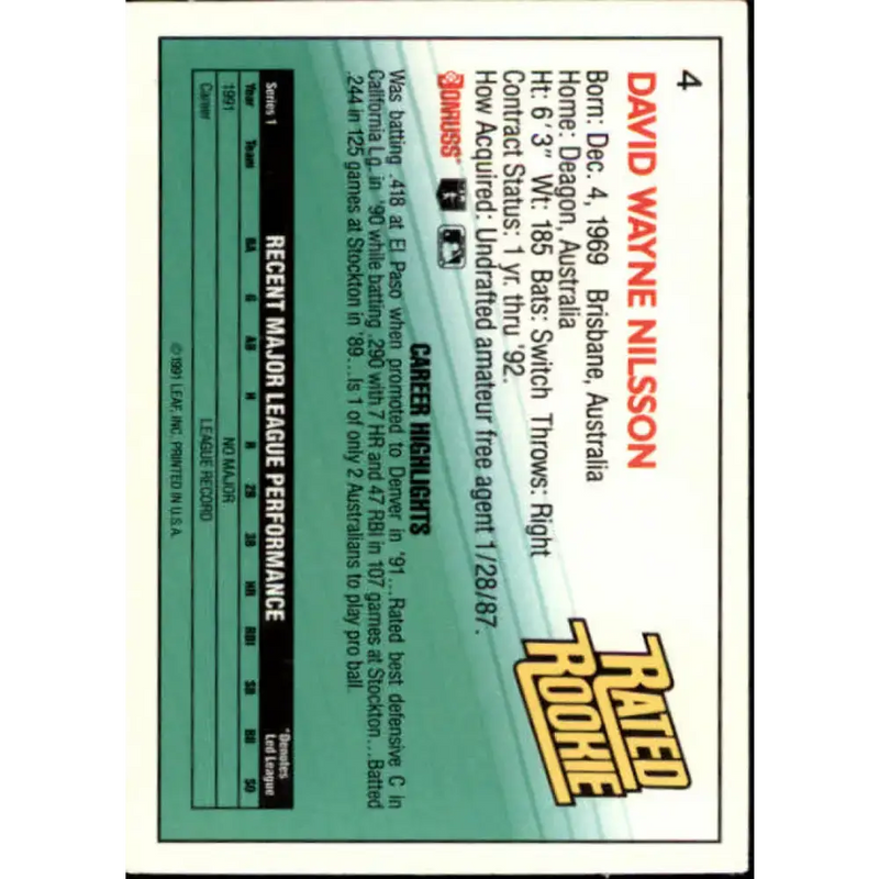 1992 Donruss #4 Dave Nilsson RR NM-MT Milwaukee Brewers Baseball Card - Baseball Card Single