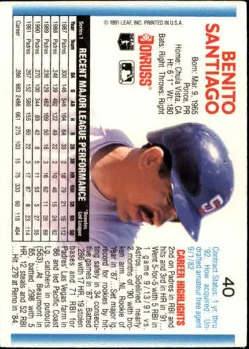 Benito Santiago baseball card from 1992 Donruss #40 in original gloss, sports cards collectible