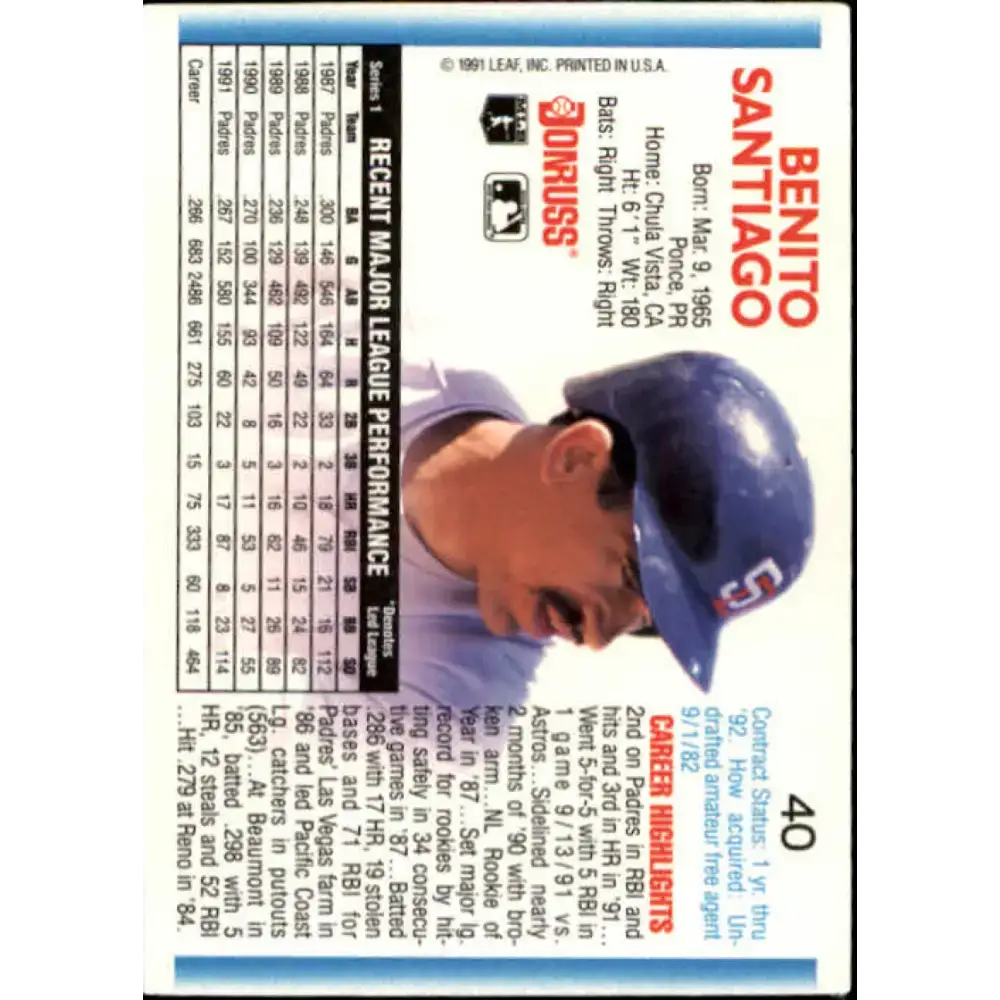 1992 Donruss #40 Benito Santiago NM-MT San Diego Padres Baseball Card - Baseball Card Single