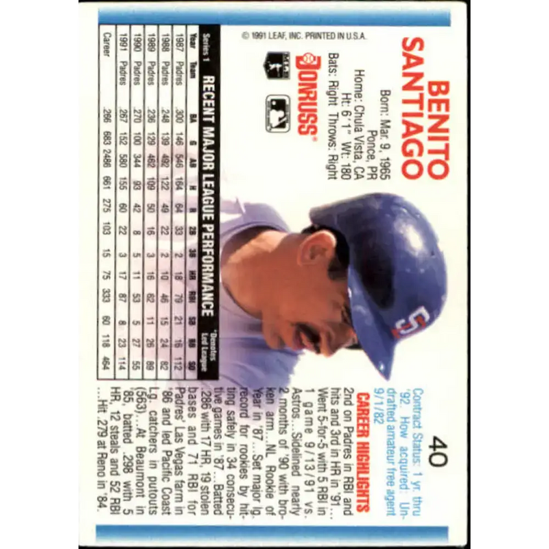 1992 Donruss #40 Benito Santiago NM-MT San Diego Padres Baseball Card - Baseball Card Single
