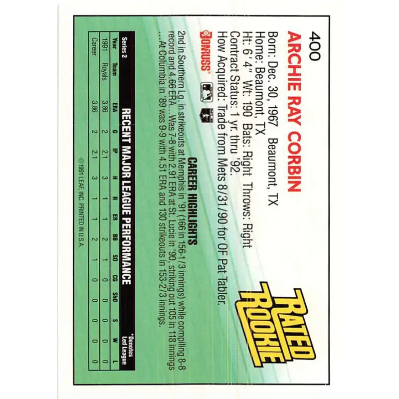 1992 Donruss #400 Archie Corbin RR NM-MT RC Rookie Kansas City Royals Baseball Card - Baseball Card Single