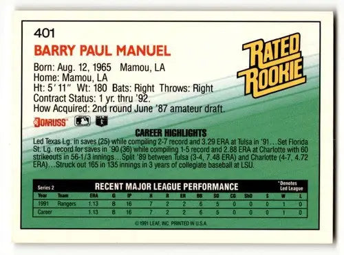 1992 Donruss #401 Barry Manuel Texas Rangers Baseball Cards EX/NM ID:54840 - Baseball Card Single