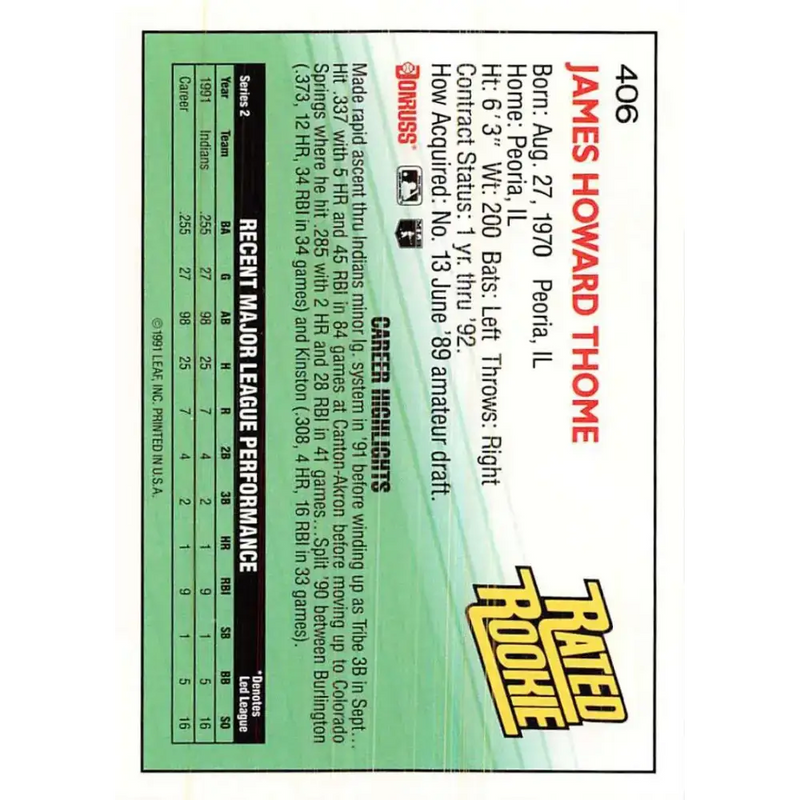 1992 Donruss #406 Jim Thome RR NM-MT Cleveland Indians Baseball Card - Baseball Card Single