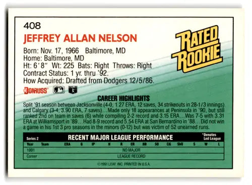 1992 Donruss #408 Jeff Nelson NM Near Mint RC Rookie Mariners RR ID:67142 - Baseball Card Single