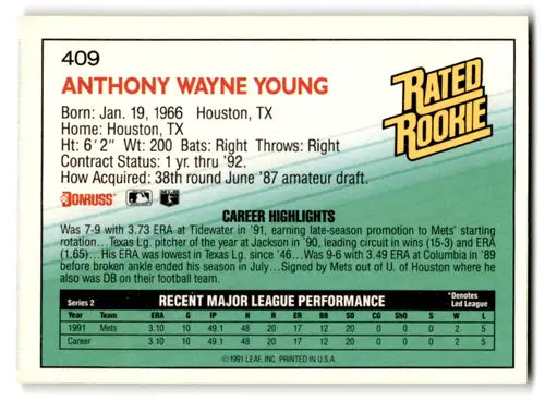 1992 Donruss #409 Anthony Young NM Near Mint Mets RR ID:67085 - Baseball Card Single