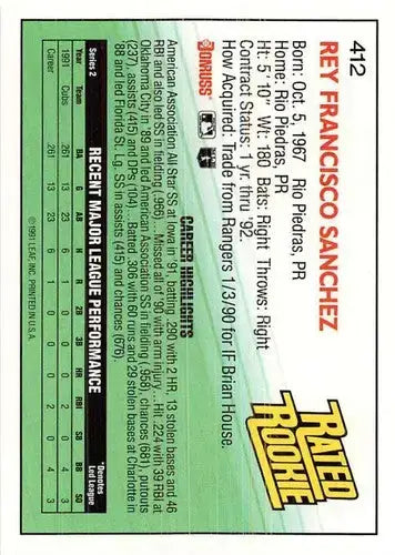 1992 Donruss #412 Rey Sanchez NM Near Mint RC Rookie Cubs RR - Baseball Card Single