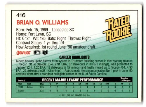 1992 Donruss #416 Brian Williams NM Near Mint RC Rookie Astros RR ID:67087 - Baseball Card Single