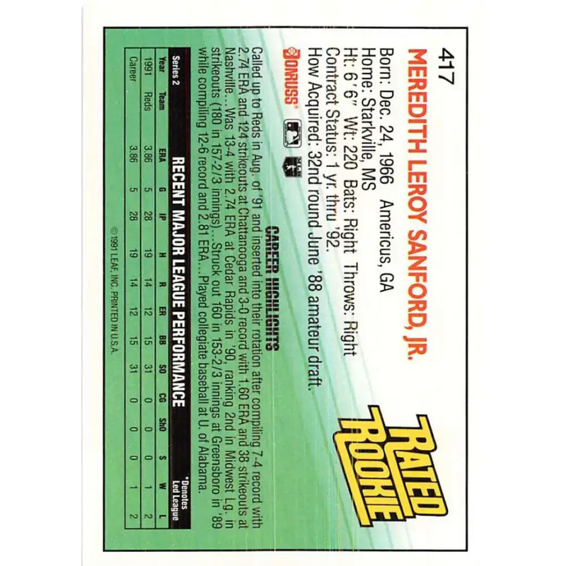 1992 Donruss #417 Mo Sanford RR NM-MT Cincinnati Reds Baseball Card - Baseball Card Single