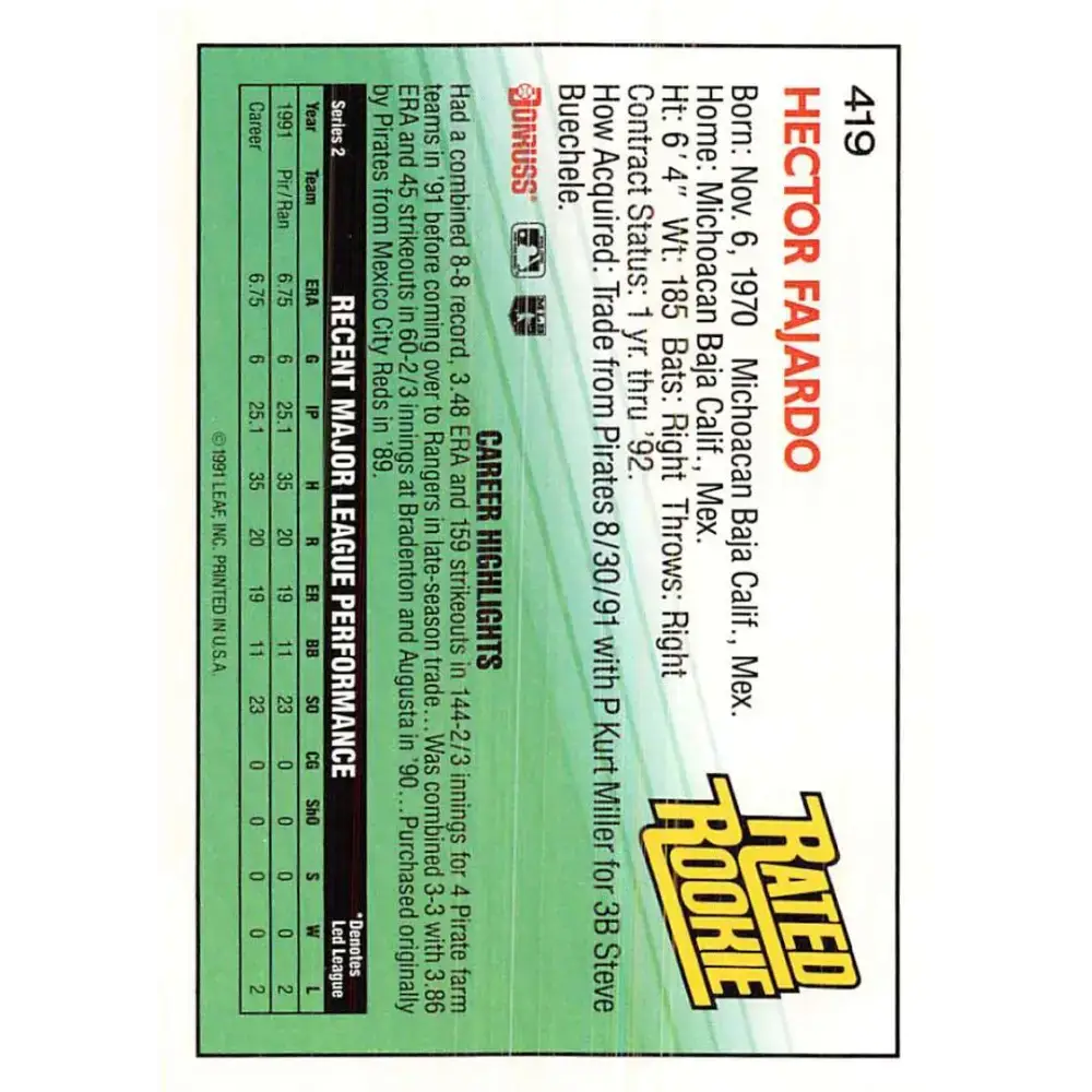 1992 Donruss #419 Hector Fajardo RR NM-MT RC Rookie Texas Rangers Baseball Card - Baseball Card Single
