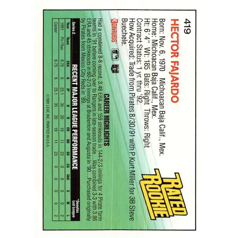 1992 Donruss #419 Hector Fajardo RR NM-MT RC Rookie Texas Rangers Baseball Card - Baseball Card Single