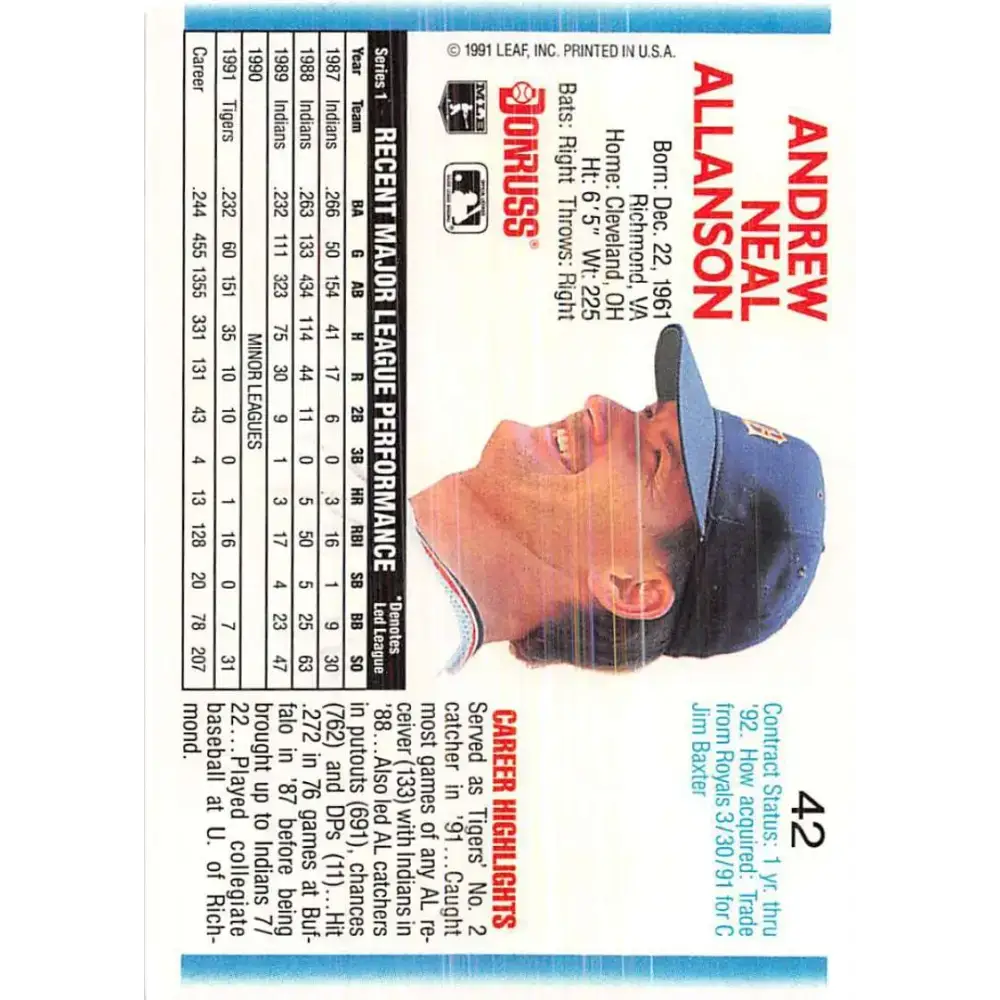 1992 Donruss #42 Andy Allanson NM-MT Detroit Tigers Baseball Card - Baseball Card Single