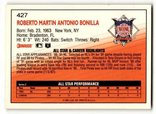 1992 Donruss #427 Bobby Bonilla Pittsburgh Pirates Baseball Cards NM ID:64463 - Baseball Card Single