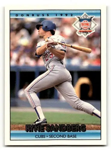 Original gloss Ryne Sandberg Chicago baseball card from 1992 Donruss featuring Sandberg Chicago Cubs