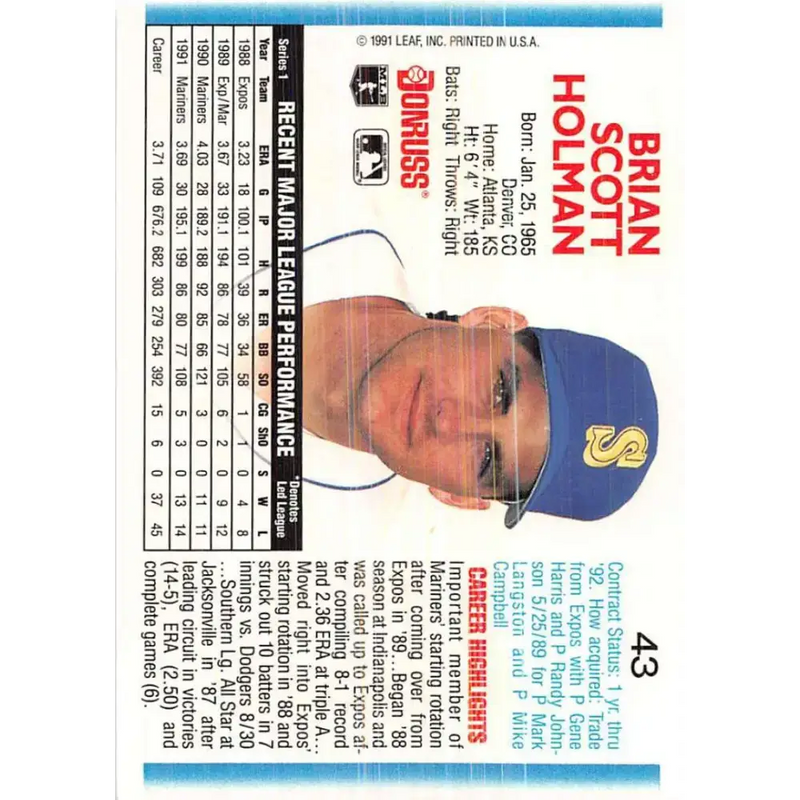 1992 Donruss #43 Brian Holman NM-MT Seattle Mariners Baseball Card - Baseball Card Single