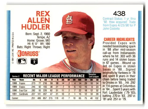 Rex Hudler 1992 Donruss baseball card with original gloss, near mint Cardinals ID:67132