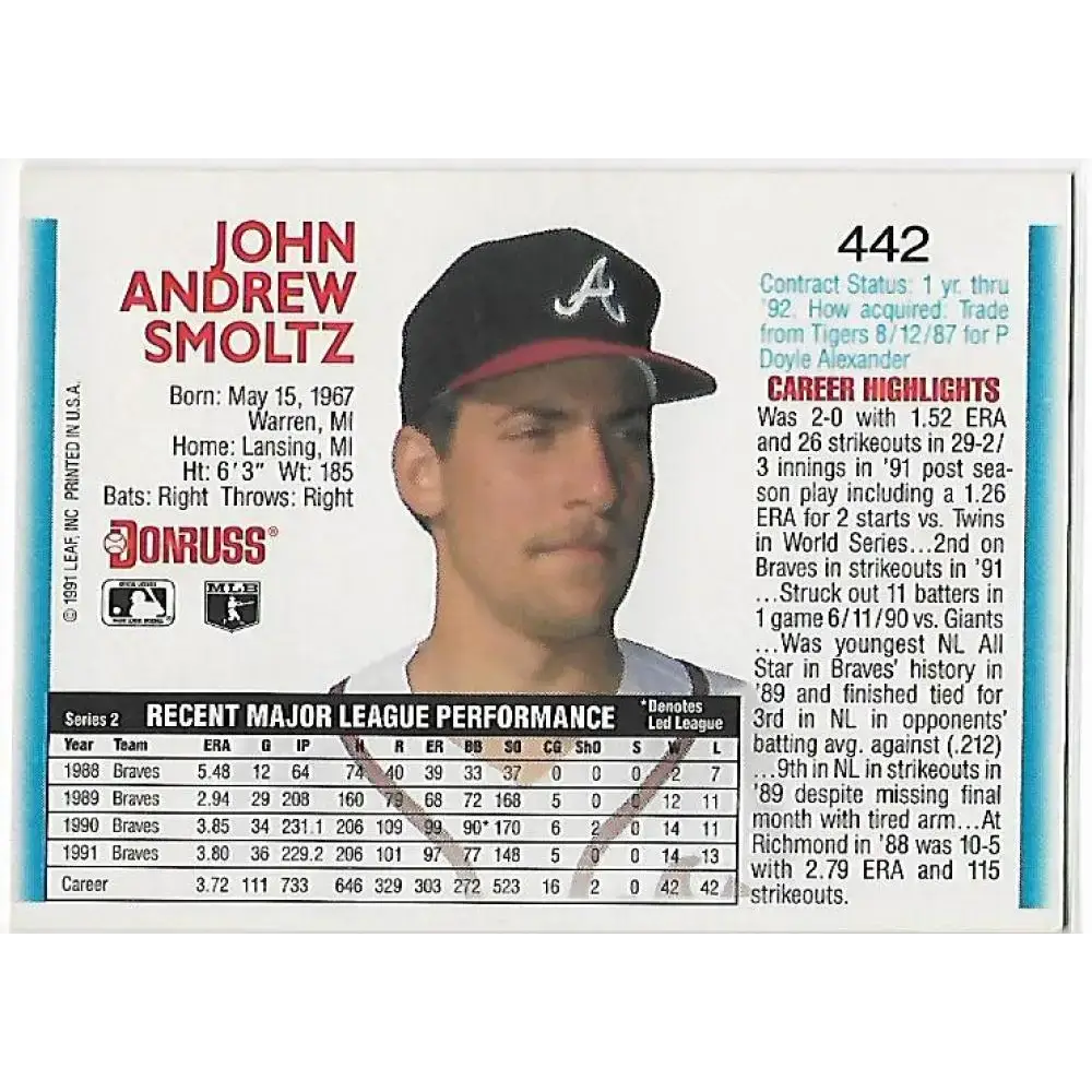 1992 Donruss #442 John Smoltz NM-MT Atlanta Braves Baseball Card - Baseball Card Single