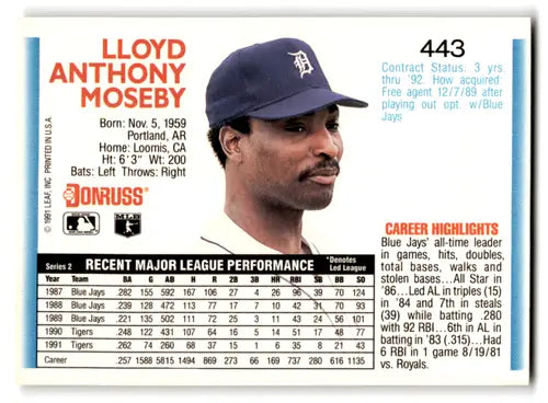 Original gloss Lloyd Moseby baseball card from 1992 Donruss Tigers NM Near Mint