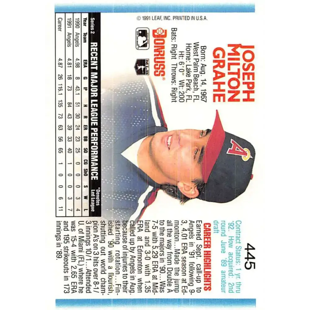 1992 Donruss #445 Joe Grahe NM-MT California Angels Baseball Card - Baseball Card Single