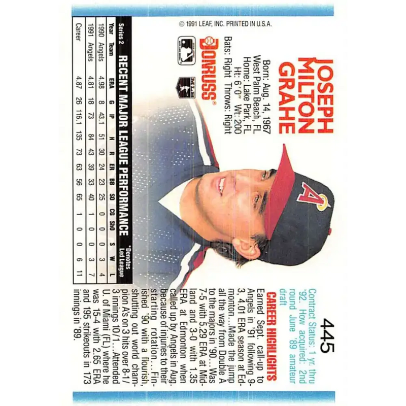 1992 Donruss #445 Joe Grahe NM-MT California Angels Baseball Card - Baseball Card Single
