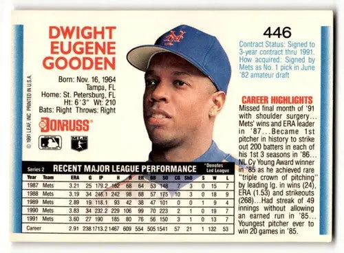 Dwight Gooden Mets baseball card from 1992 Donruss with original gloss, EX/NM condition
