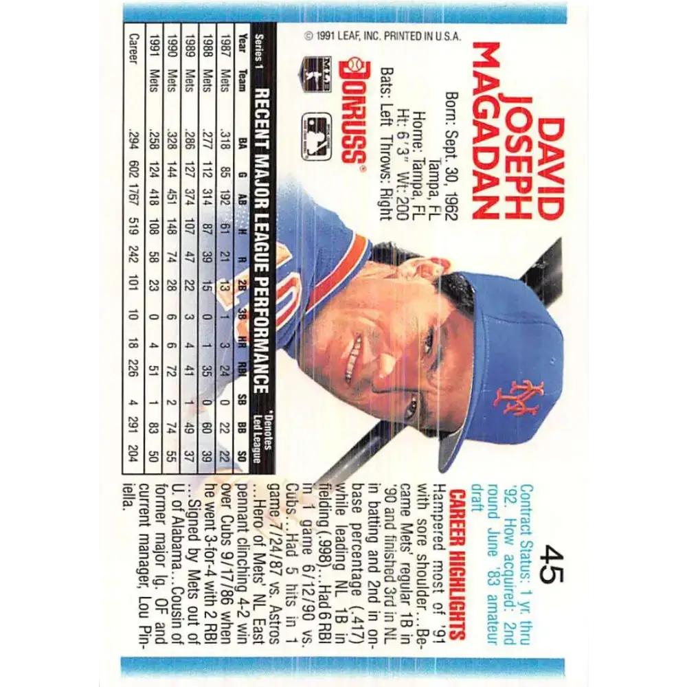1992 Donruss #45 Dave Magadan NM-MT New York Mets Baseball Card - Baseball Card Single