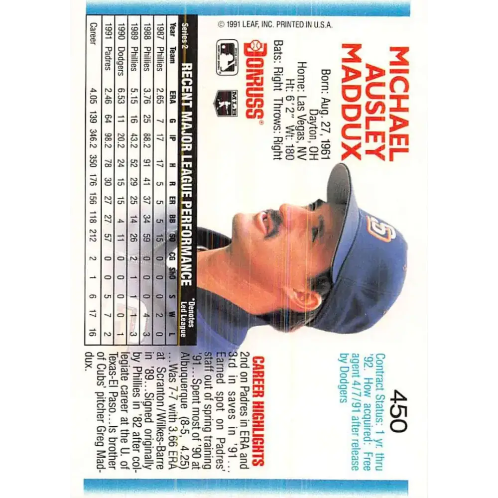 1992 Donruss #450 Mike Maddux NM-MT San Diego Padres Baseball Card - Baseball Card Single