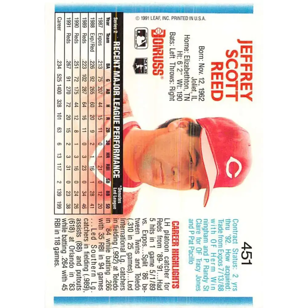 1992 Donruss #451 Jeff Reed NM-MT Cincinnati Reds Baseball Card - Baseball Card Single