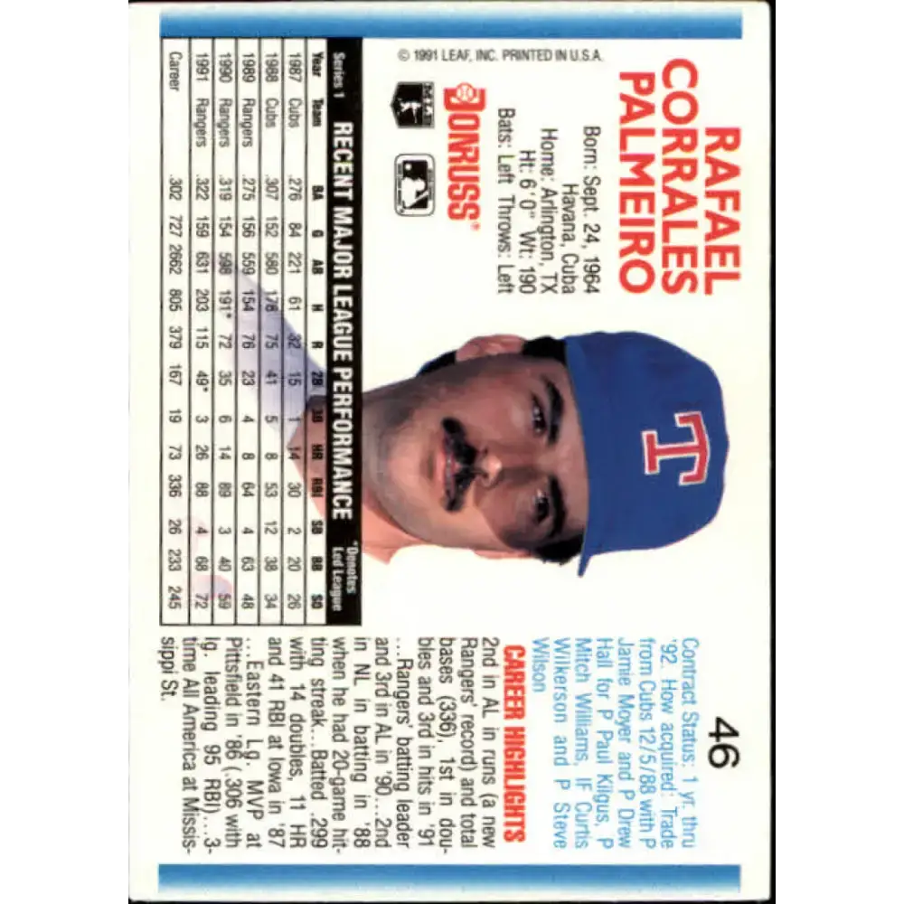 1992 Donruss #46 Rafael Palmeiro NM-MT Texas Rangers Baseball Card - Baseball Card Single
