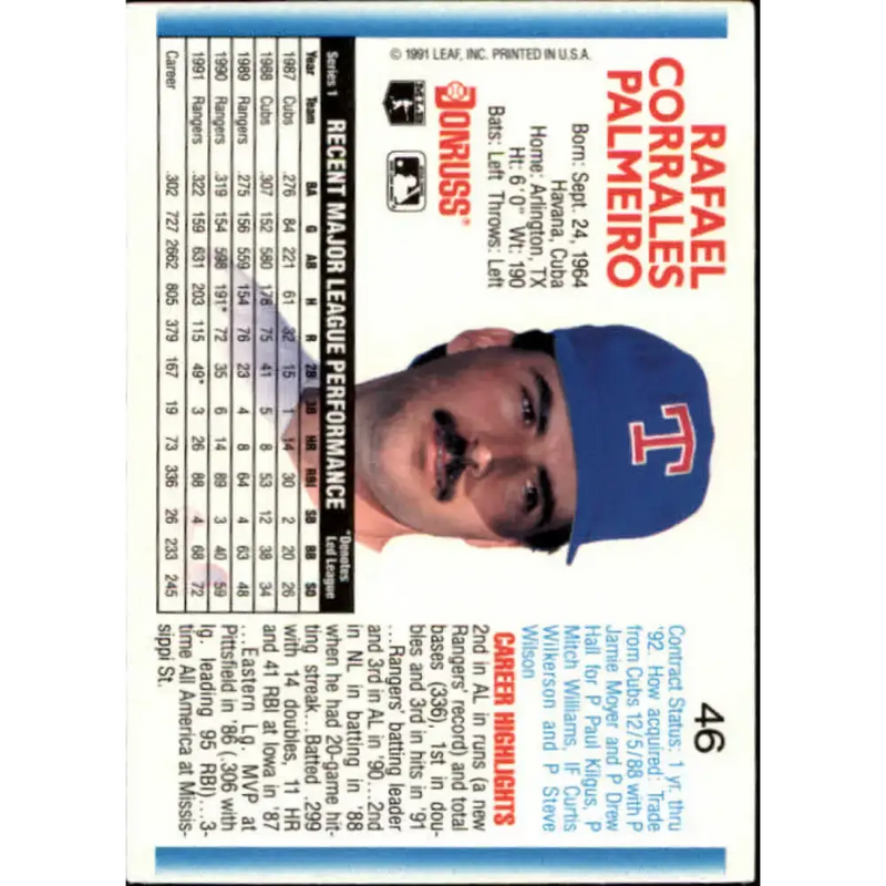 1992 Donruss #46 Rafael Palmeiro NM-MT Texas Rangers Baseball Card - Baseball Card Single
