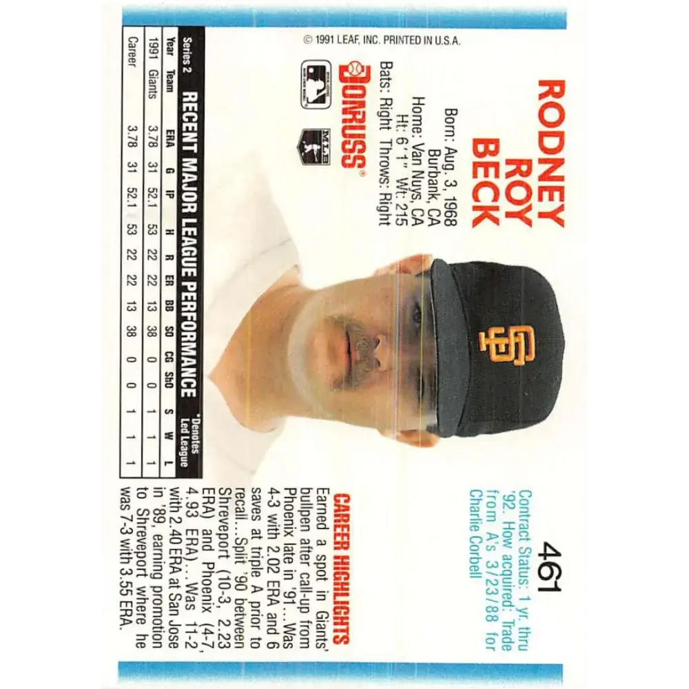 1992 Donruss #461 Rod Beck NM-MT RC Rookie San Francisco Giants Baseball Card - Baseball Card Single