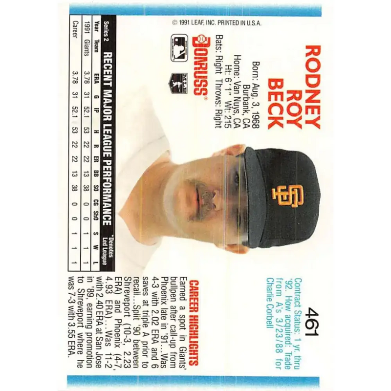 1992 Donruss #461 Rod Beck NM-MT RC Rookie San Francisco Giants Baseball Card - Baseball Card Single